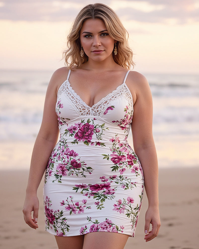 Plus Size Floral Chemise. White chemise with lace and pink floral print for comfort.