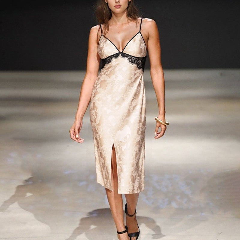 Beige Butterfly Jacquard Slip Dress with black lace trim, a sensual and elegant choice for women.