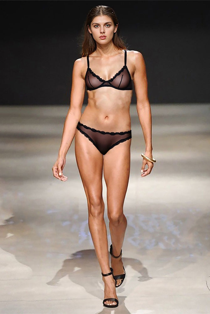 Black sheer tulle demi bra and panty set with lace trim, a sexy lingerie set for women