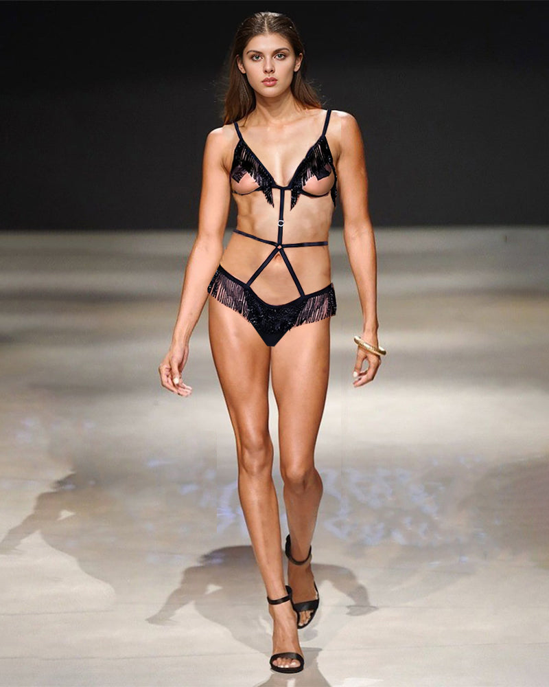 Black beaded fringe outvert bodysuit, festival lingerie with thin straps and lace detailing