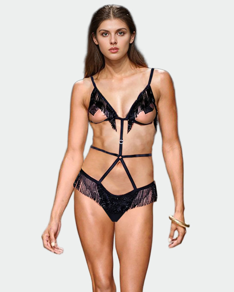Black fringe outvert bodysuit. Festival-ready lingerie with thin straps and lace detailing.