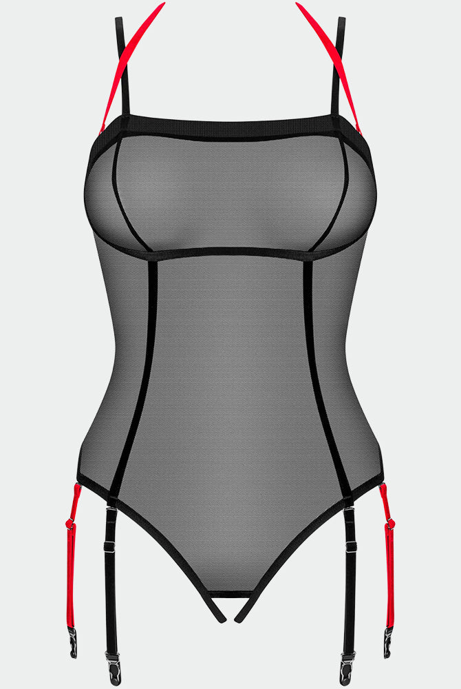 Black mesh crotchless teddy lingerie with red accents and garter straps