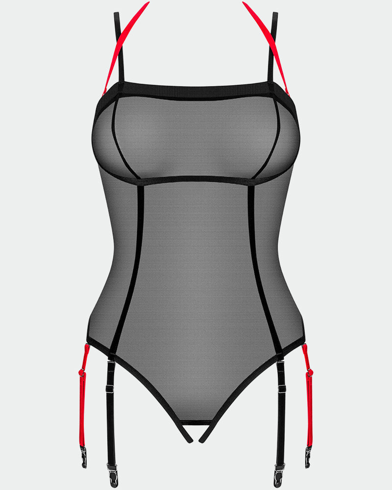 Black mesh crotchless teddy lingerie with red accents and garter straps