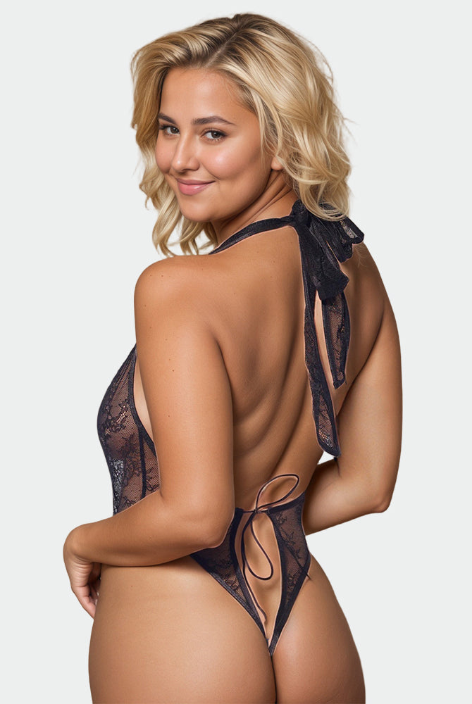 Black lace crotchless halter teddy lingerie with deep plunge neckline and open back