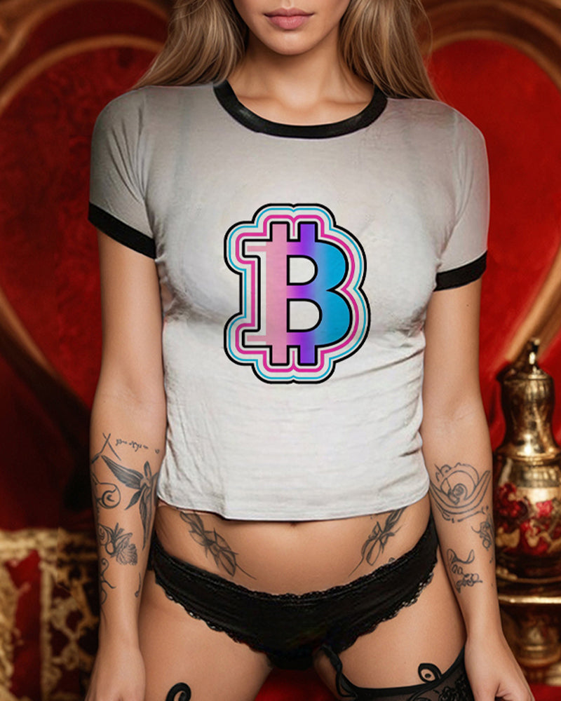 Woman in gray crop top with Bitcoin logo and black panties, street style