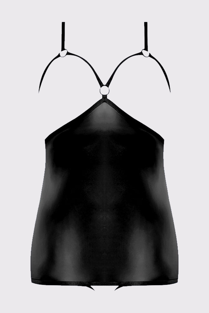 Black leather cupless and crotchless chemise with ring details. Sexy and confident lingerie.