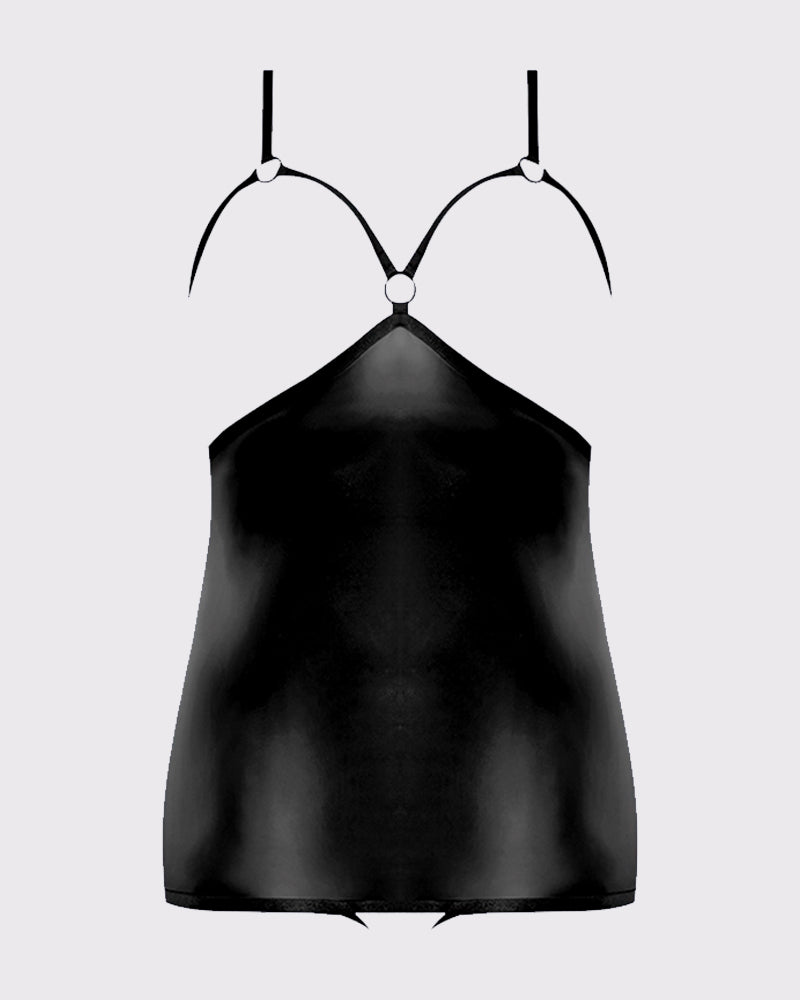 Black leather cupless and crotchless chemise with ring details. Sexy and confident lingerie.