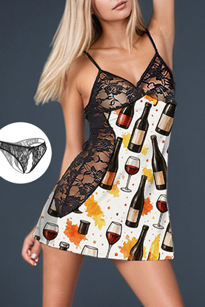Avidlove's Wine Bottles Print Mini Dress with black lace, perfect for a sexy and trendy look.