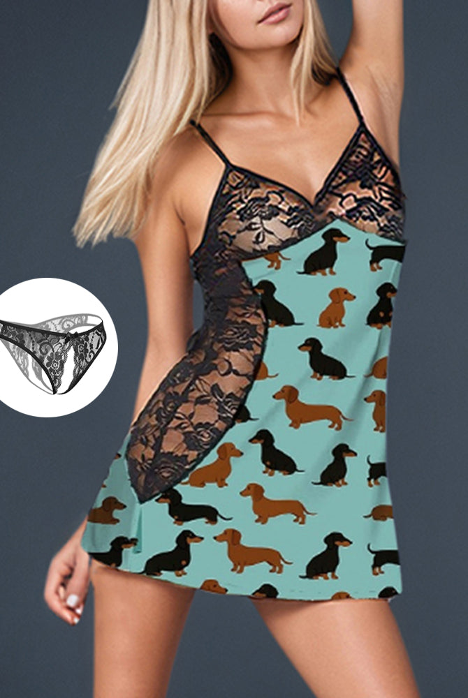 Dachshund print mini dress with black lace details, a sexy and stylish lingerie piece.