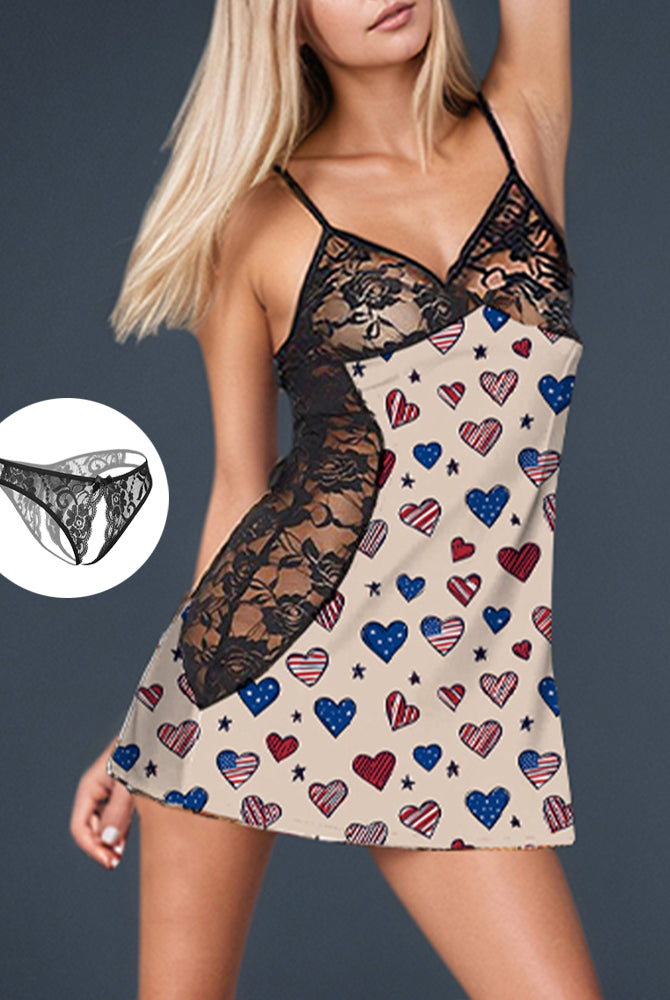 Heart Print Mini Dress with Lace Details. Featuring American flag hearts and a matching thong.
