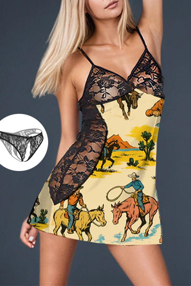 Cowboy print mini dress with lace details, and matching lace underwear. A sexy and trendy outfit.
