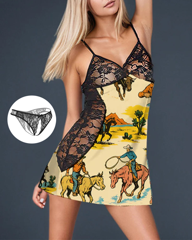 Cowboy print mini dress with lace details, and matching lace underwear. A sexy and trendy outfit.