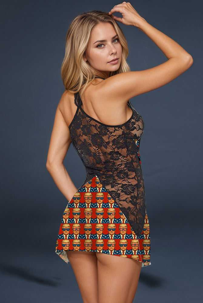Independence Day mini dress with lace and Trump print, perfect for a trendy look.