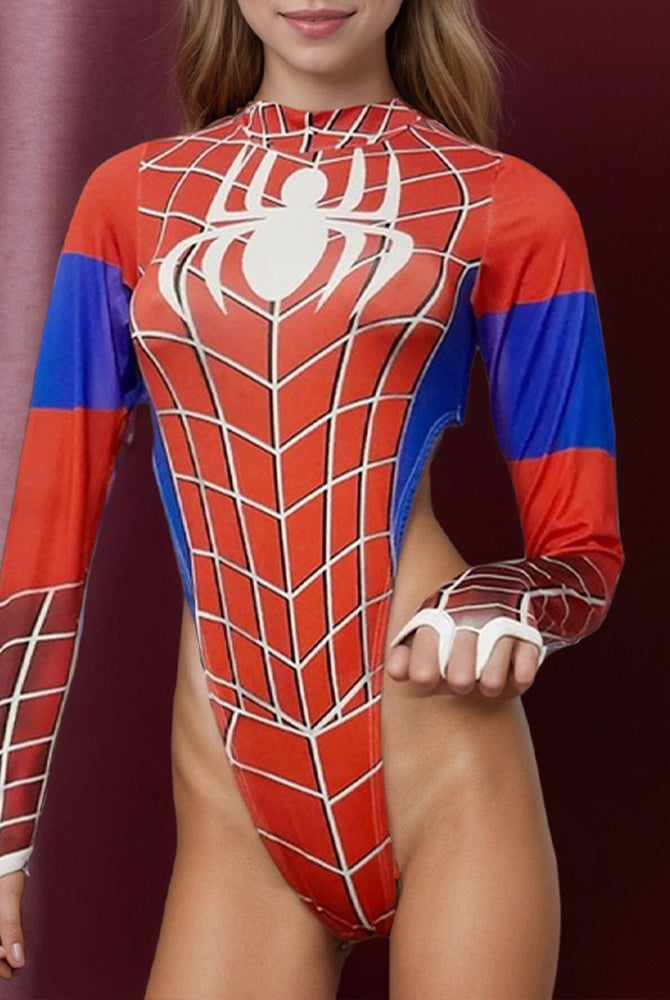 Red long-sleeve bodysuit with white spider-web grid and spider emblem