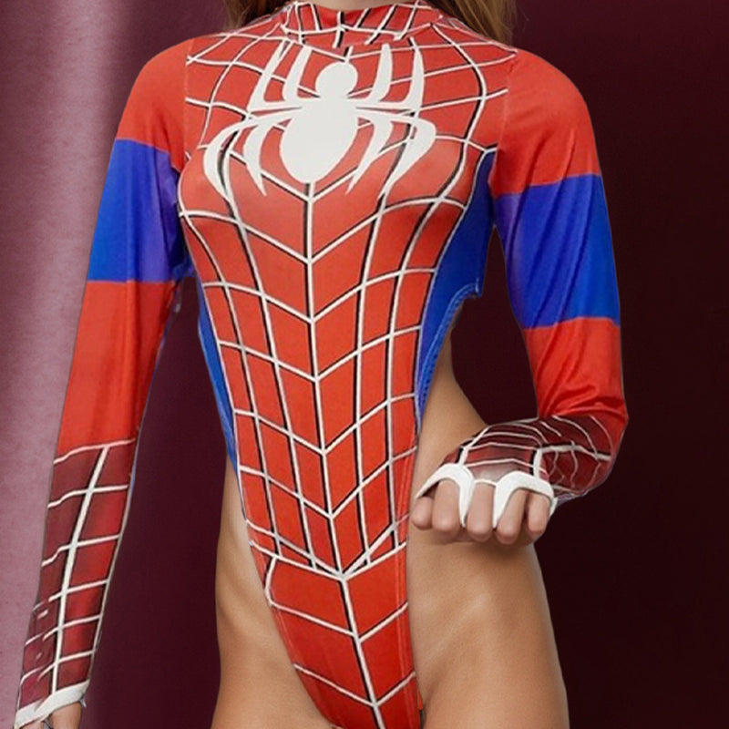 Red long-sleeve bodysuit with white spider-web grid and spider emblem