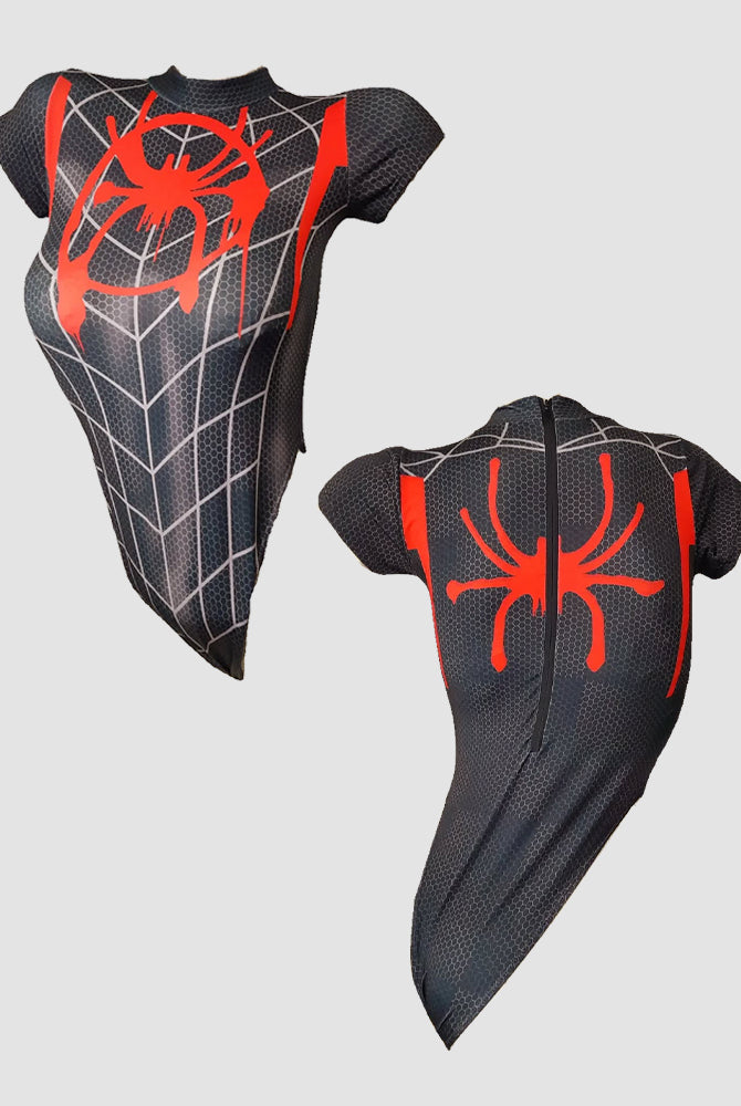 Black Spider Short Sleeve Bodysuit with red spider emblem, perfect for cosplay and themed events