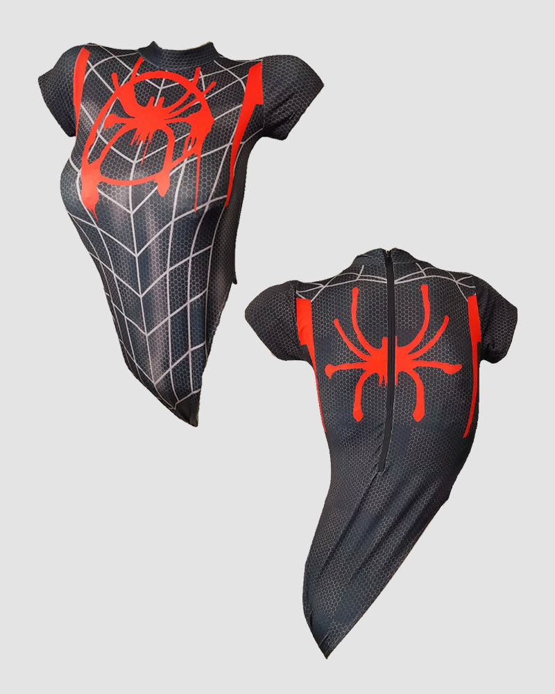Black Spider Short Sleeve Bodysuit with red spider emblem, perfect for cosplay and themed events
