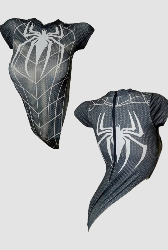 Dark short-sleeve bodysuit set showing front and back, white spiderweb spider graphic