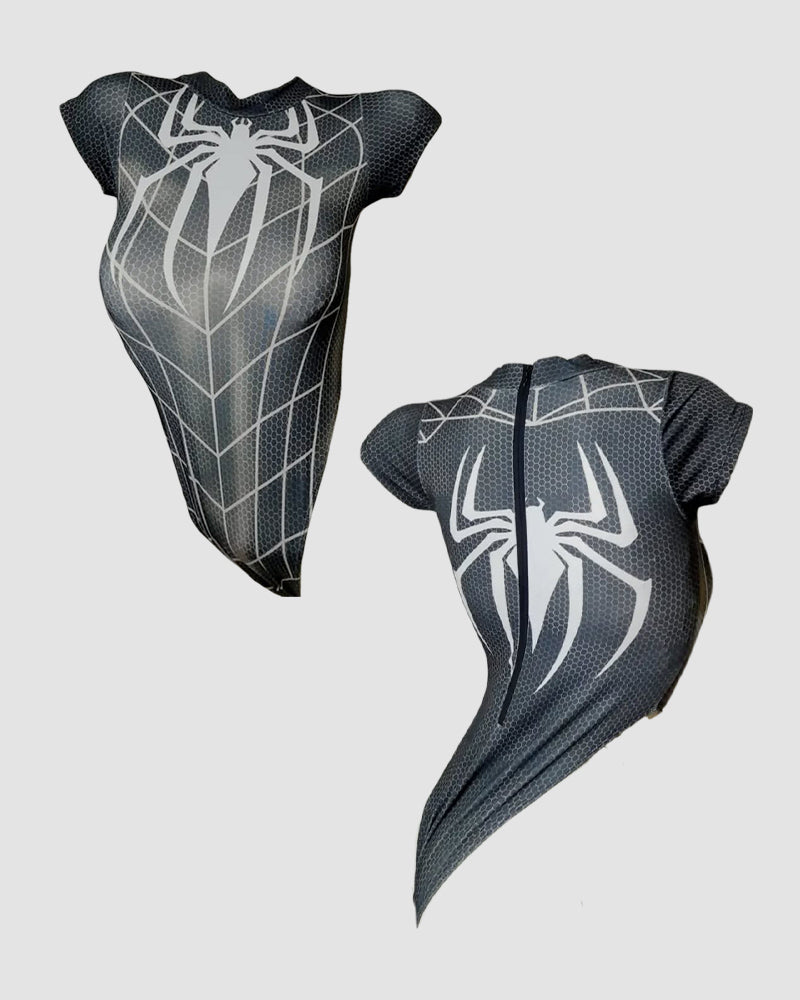 Black Spider Short Sleeve Bodysuit with white spiderweb design, ideal for cosplay