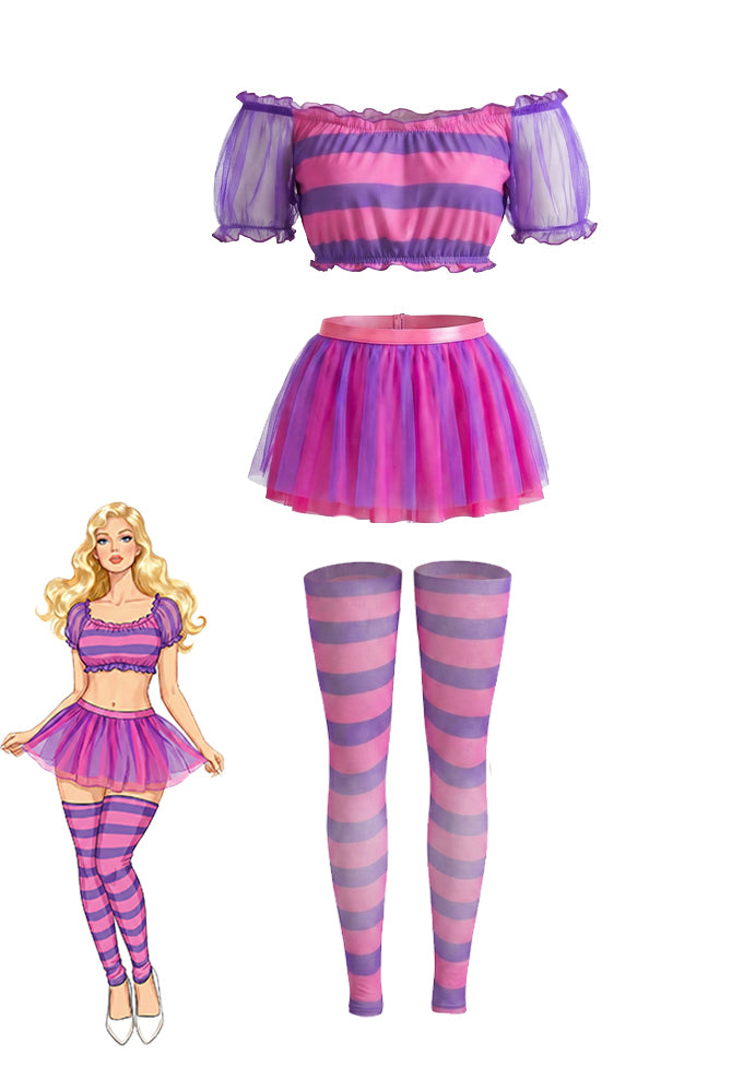 3-piece striped crop top, tutu skirt, and striped stockings set in purple and pink