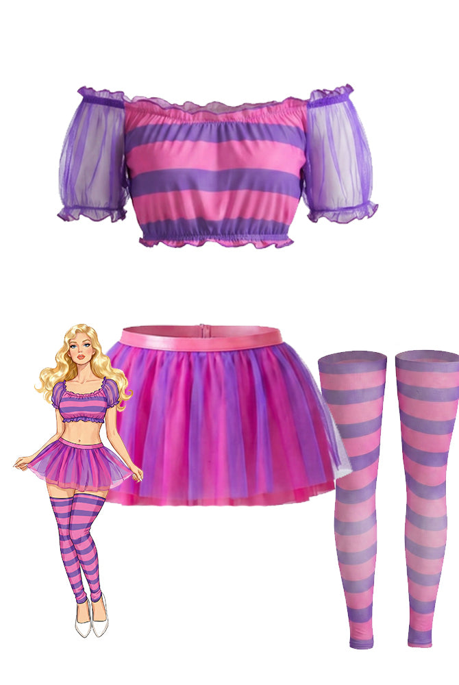 3-piece striped crop top and tutu skirt with striped stockings set in purple-pink