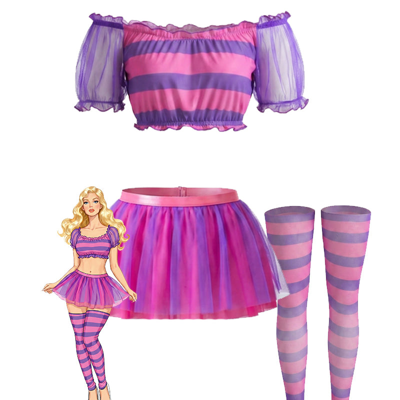 3-piece striped crop top and tutu skirt with striped stockings set in purple-pink