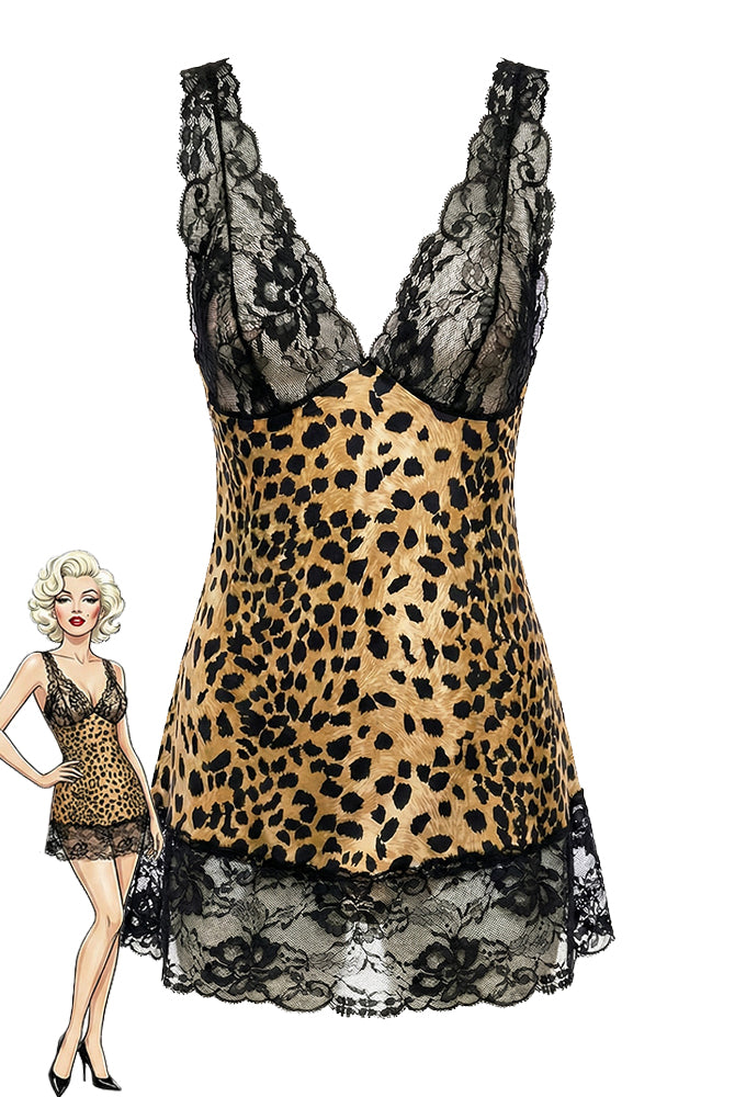 Leopard print lace chemise with sheer V-neck, scalloped black lace hem and straps