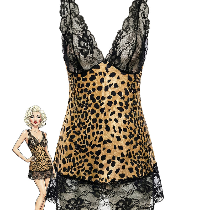 Leopard print lace chemise with sheer V-neck, scalloped black lace hem and straps