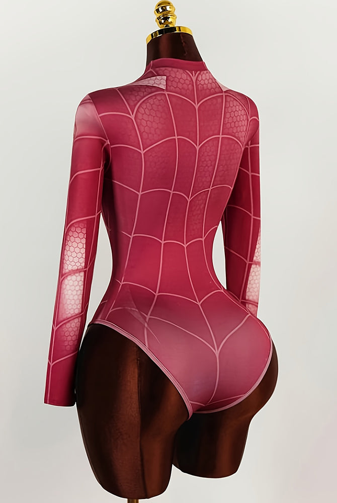 Pink spider web bodysuit back view with long sleeves and white web line pattern.