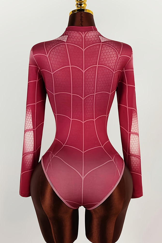 Pink spider web long-sleeve bodysuit back, featuring white web lines and high-leg cut.