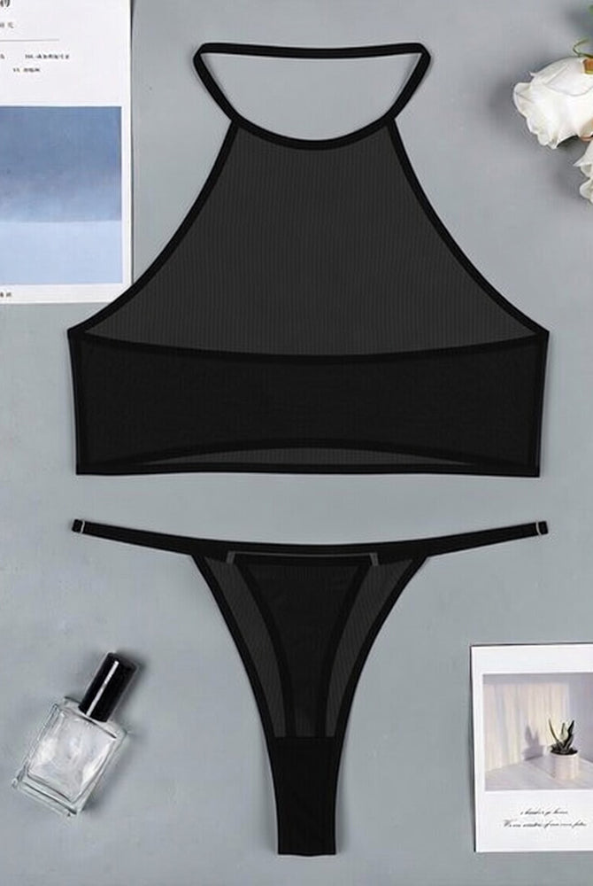 Sheer mesh halter crop top and thong set, black with contrast trim (set laid flat)