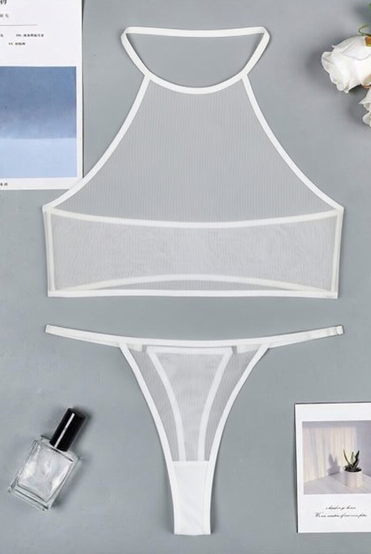 Sheer mesh halter crop top and thong set, white with contrast trim (set laid flat)