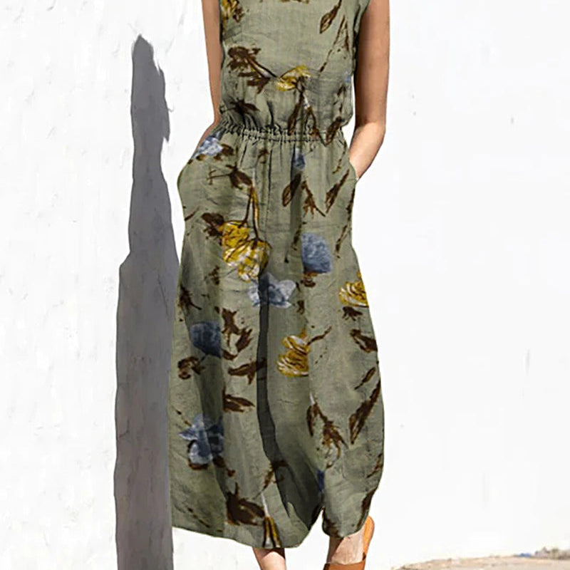Army green printed sleeveless jumpsuit with elastic waist and wide legs