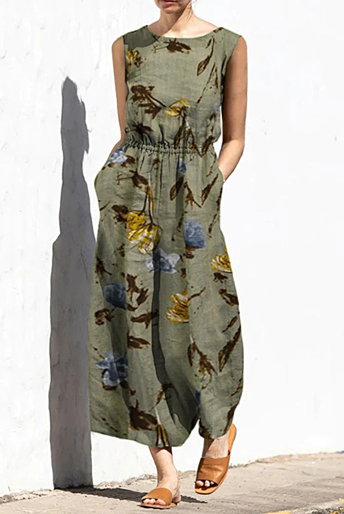 Army green printed sleeveless wide-leg long jumpsuit with elastic waist and crew neck