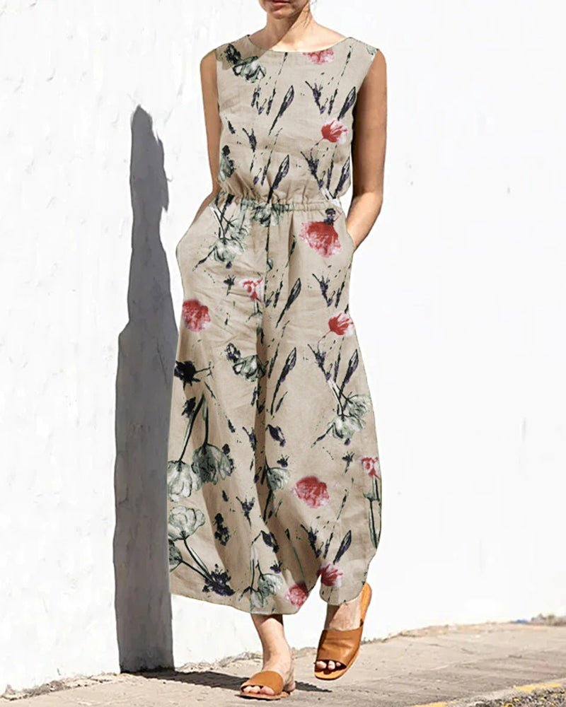 Beige floral print elastic waist jumpsuit, casual style, perfect for leisure and daily wear