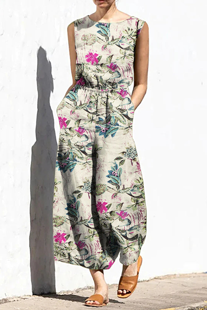Cream floral print sleeveless wide-leg long jumpsuit with elastic waist and crew neck