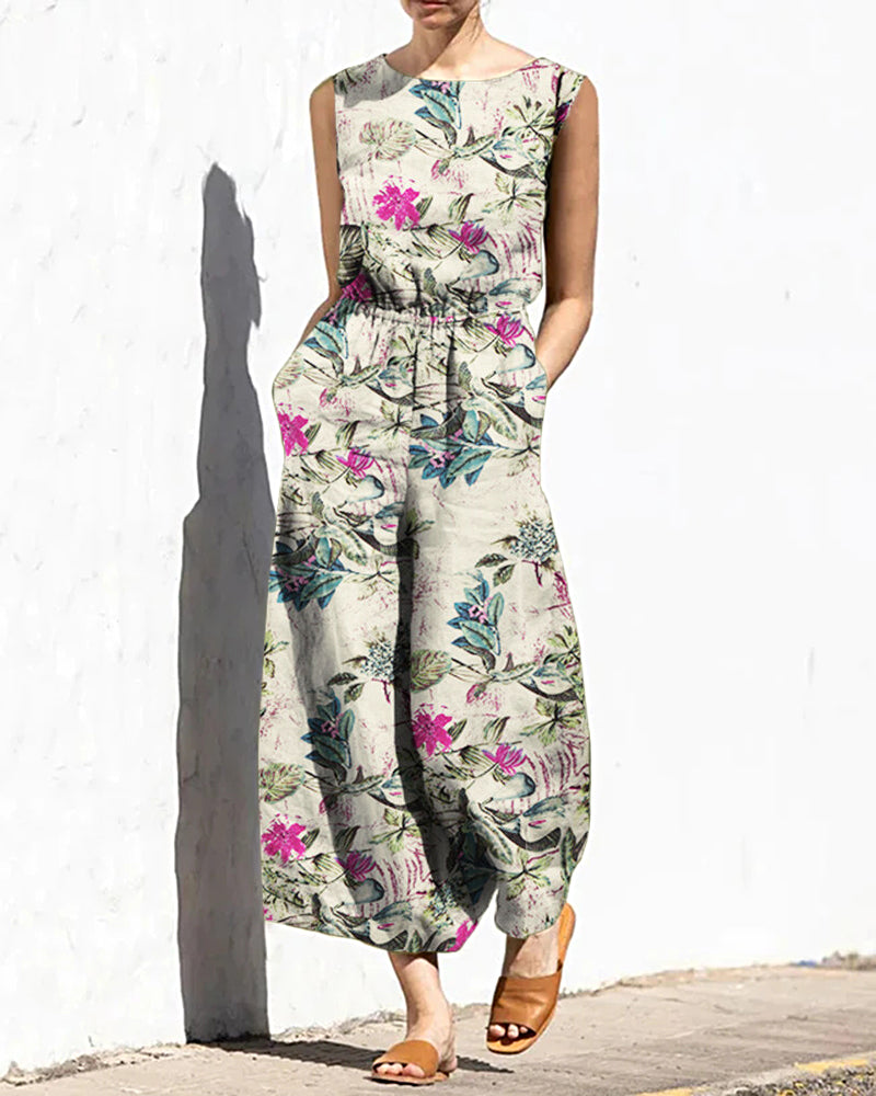 Floral print wide leg jumpsuit, casual style, elastic waist, beige color, daily wear
