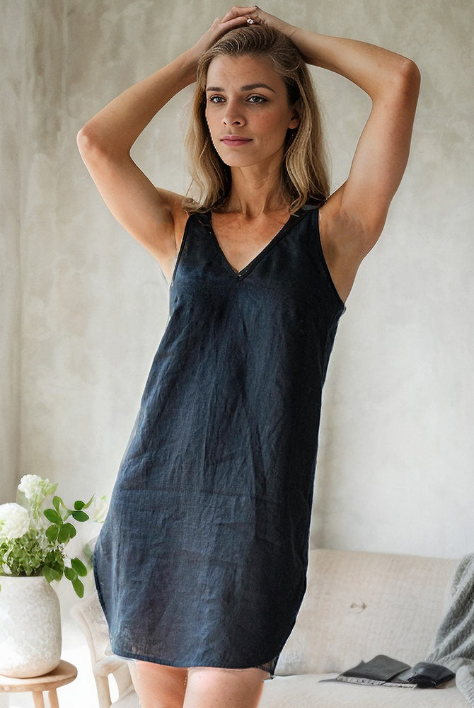 Navy blue linen cami sleepwear slip dress, a comfortable and luxurious nightgown for women.