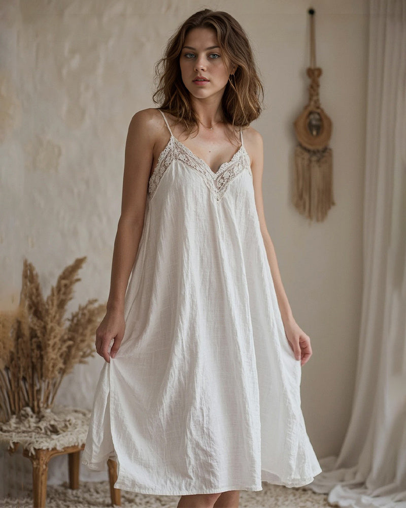 White cotton linen nightdress with lace, offering comfort and style for a dreamy night.