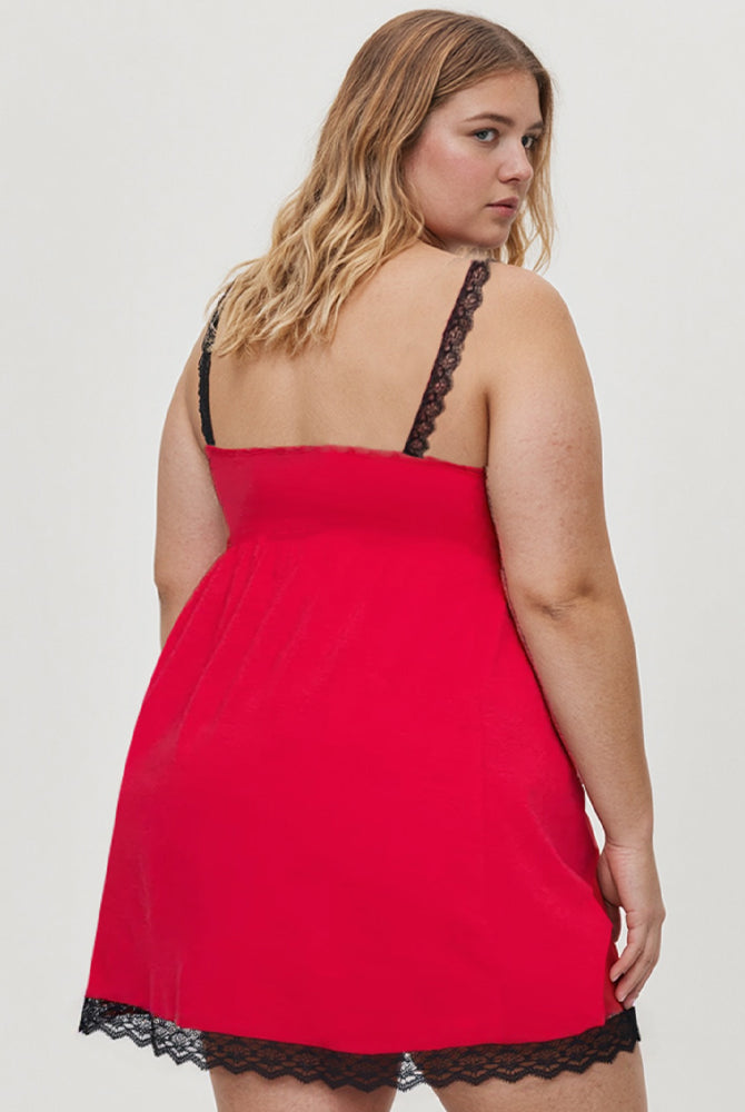 Red plus-size chemise, racerback straps with black lace trim at hem and sides