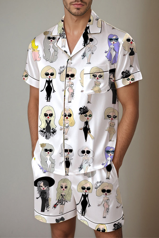 Men's satin pajama set with doll print. Comfortable short-sleeved shirt and shorts. Silk fabric.