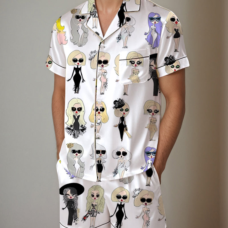 Men's satin pajama set with doll print. Comfortable short-sleeved shirt and shorts. Silk fabric.