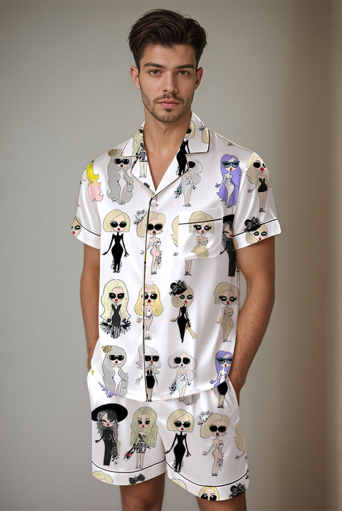 Men's doll print satin pajama set. Comfortable short-sleeved shirt and shorts. Silk fabric.
