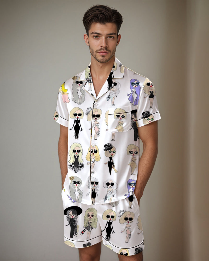 Men's doll print satin pajama set. Comfortable short-sleeved shirt and shorts. Silk fabric.