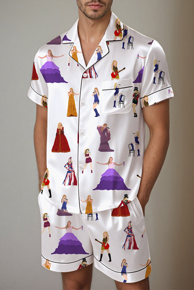 Men's satin pajama set with women print. Comfortable short-sleeved shirt and shorts. Silk fabric.