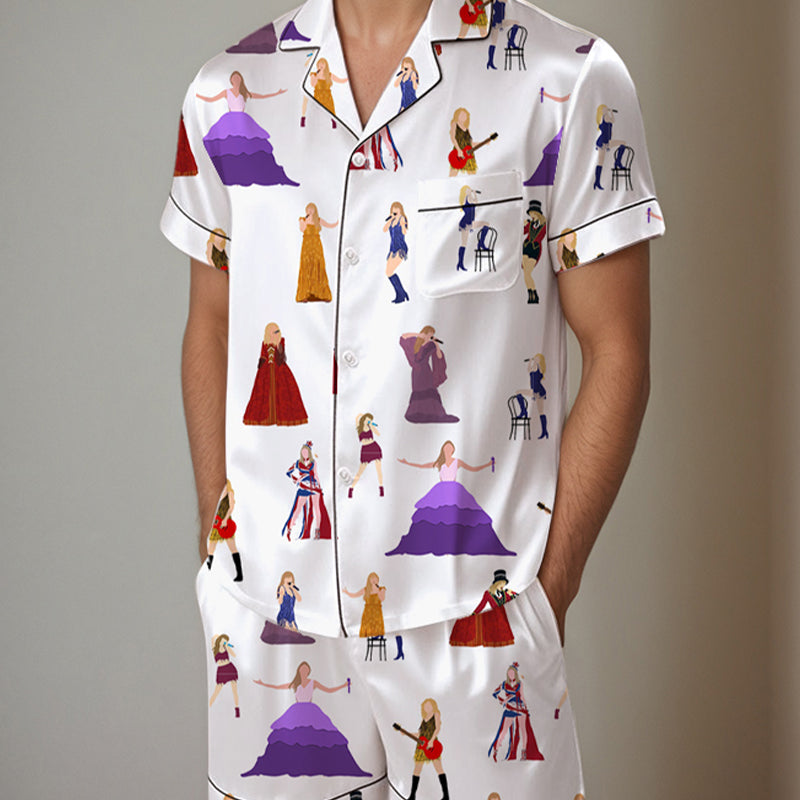 Men's satin pajama set with women print. Comfortable short-sleeved shirt and shorts. Silk fabric.
