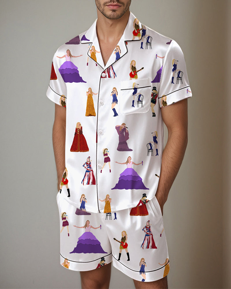 Men's satin pajama set with women print. Comfortable short-sleeved shirt and shorts. Silk fabric.