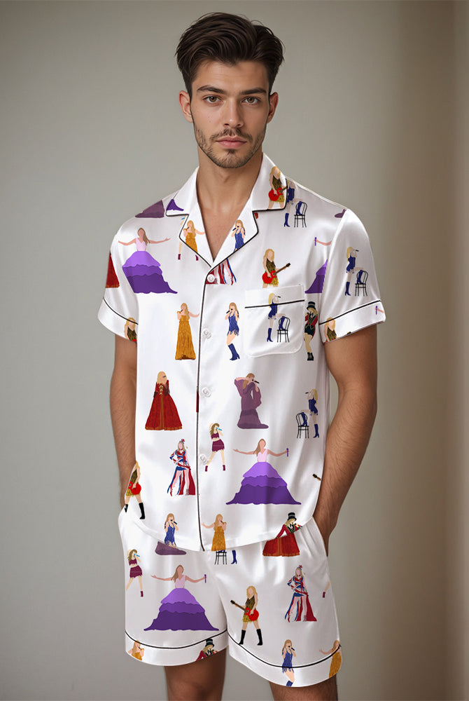 Men's white satin pajama set with women print, short-sleeved shirt and shorts.
