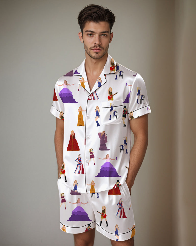 Men's white satin pajama set with women print, short-sleeved shirt and shorts.