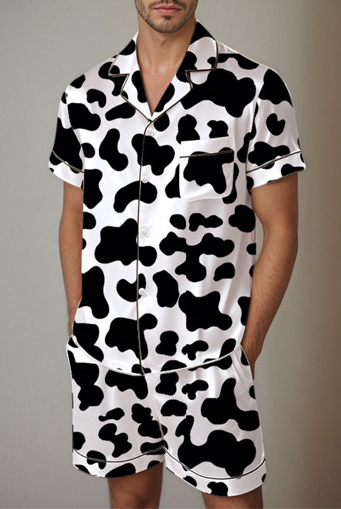 Men's cow print satin pajama set. Comfortable short-sleeved shirt and shorts. Silk fabric.